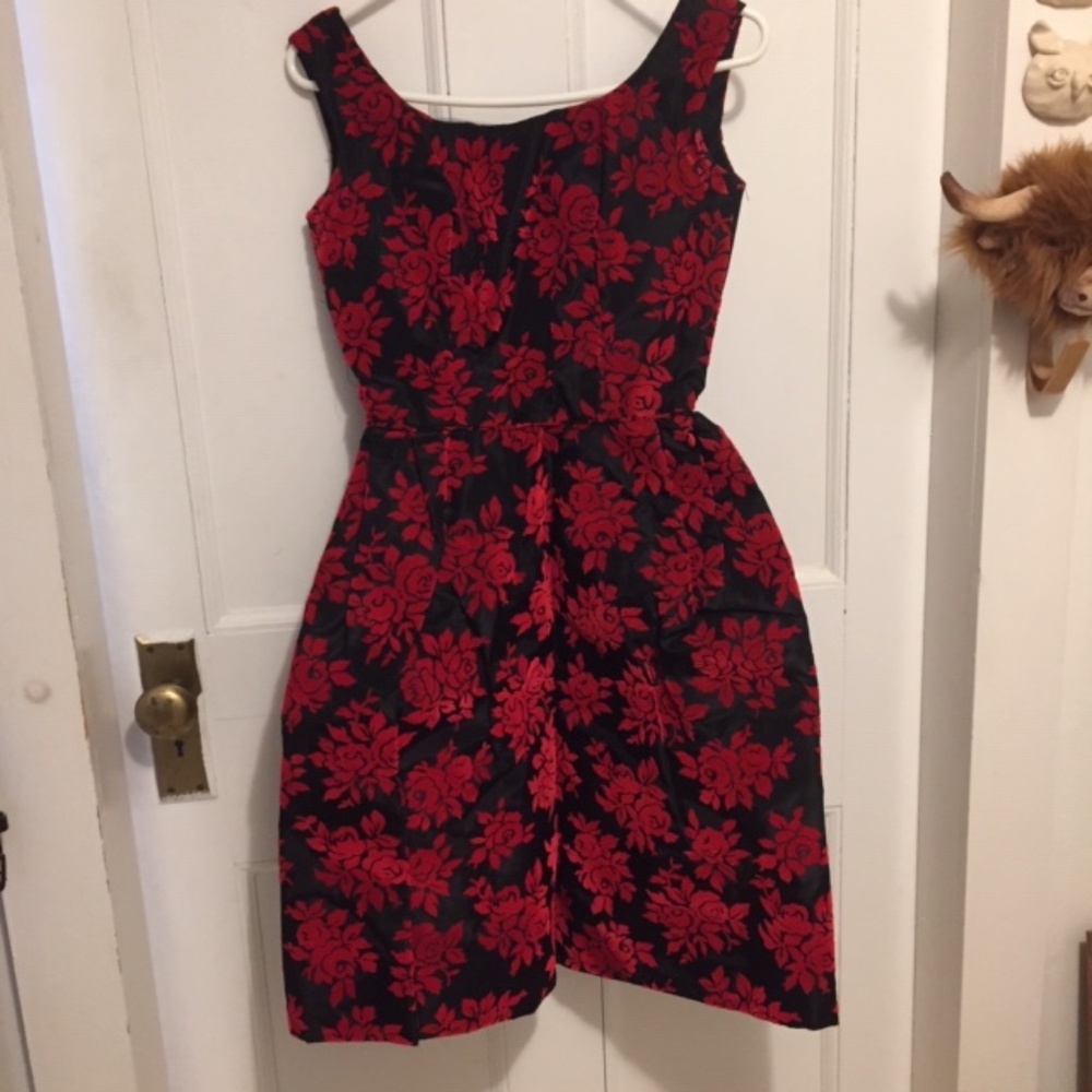 1950's Little Black and Red Cocktail Dress with Flowers